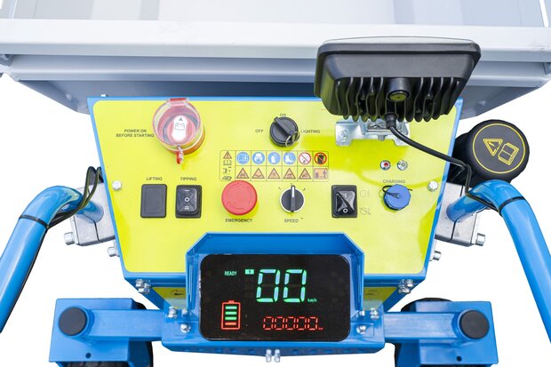 Elektrische minidumper met hoge kiepstand, hydraulische kiepbak, 8 werkuren (89 cm breed)